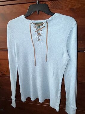 Ralph Lauren Powder Blue Lace-Up Long Sleeve 100% Cotton Waffle Knit Top